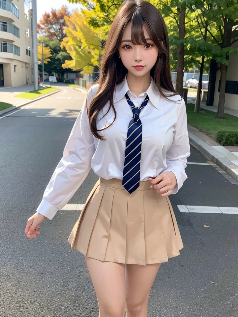 8k,best quality, masterpiece, ultra detailed, ultra high res, photorealistic, raw photo, absurdres, absolutely resolution, 1girl, full body, looking at viewer,a Japanese young pretty woman, hyper cute face, glamorous figure, large breasts,long bob hair,smile,(school uniform:1.3),beautiful eyes, ,windy, ,glossy lips, double eyelids in both eyes, natural makeup, long eyelashes, shiny smooth light brown long bob hair, asymmetrical bangs, shiny skin, central image, high resolution, high detailing, detailed hairstyle, detailed face, spectacular movie lighting, octane rendering, vibrant, hyper realistic, perfect limbs, perfect anatomy、アフタースクール