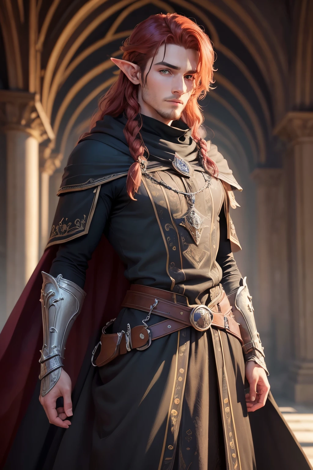 ((best quality)), ((masterpiece)), (detailed), Prize-winning works, with incredible details, maximum textures and details, uhd ,8K,super resolution ,depth of field, retina, masterpiece, anatomically correct, textured skin, super detail, high details, highres ,1 Male Elf Medieval Fantasy RPG Adventurer,long red hair ,similar to the work of JRR Tolkien,black long cape ,lightweight armour,fully body, hyper-detailed piercing eyes , (25 year old young man :1.1,detailedeyes, face detailed, whole body:1.1,the background is a magnificent castle ),(best qualityer:1.2,ultra detali:1.1,realisitic:1.37) ,eyeshadows,sharp focus,swirly vibrant colors,)