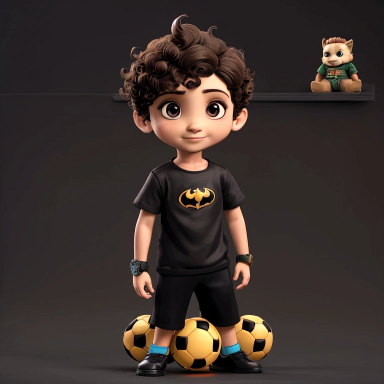 Ravi holding soccer ball, boy wearing black shirt with Batman logo, lots of toys in the background, short curly light brown hair