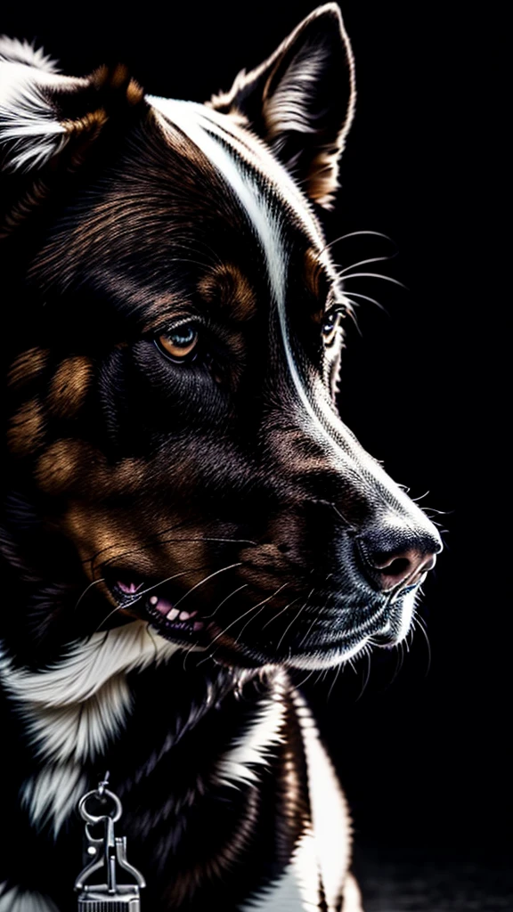 a black and white photo of a dog holding a gun, a photorealistic painting by Jerry Weiss, behance, transgressive art, behance hd, movie poster, movie still, 32k, UHD, cinematic chromatic, cinematic lighting, global illumination, chromatic light, photorealistic, ultra detailed, iluminación onírica, dramatic, low-key lighting on a mysterious, photorealistic , ultra photoreal , ultra detailed, intricate details.