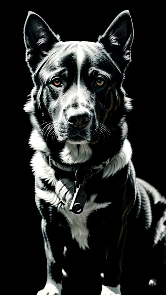 a black and white photo of a dog holding a gun, a photorealistic painting by Jerry Weiss, behance, transgressive art, behance hd, movie poster, movie still, 32k, UHD, cinematic chromatic, cinematic lighting, global illumination, chromatic light, photorealistic, ultra detailed, iluminación onírica, dramatic, low-key lighting on a mysterious, photorealistic , ultra photoreal , ultra detailed, intricate details. 