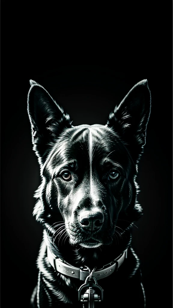 a black and white photo of a dog holding a gun, a photorealistic painting by Jerry Weiss, behance, transgressive art, behance hd, movie poster, movie still, 32k, UHD, cinematic chromatic, cinematic lighting, global illumination, chromatic light, photorealistic, ultra detailed, iluminación onírica, dramatic, low-key lighting on a mysterious, photorealistic , ultra photoreal , ultra detailed, intricate details.
