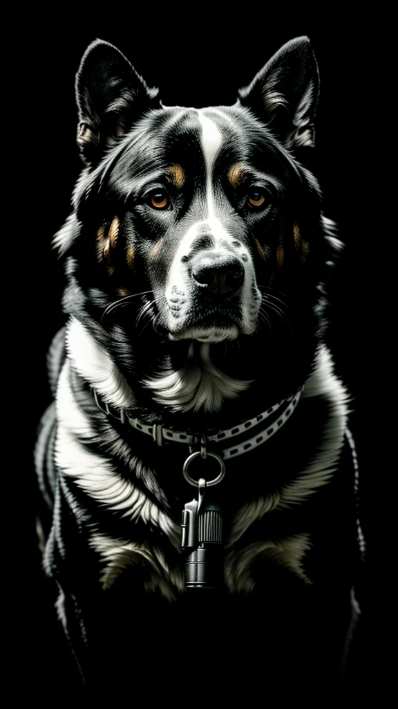 a black and white photo of a dog holding a gun, a photorealistic painting by Jerry Weiss, behance, transgressive art, behance hd, movie poster, movie still, 32k, UHD, cinematic chromatic, cinematic lighting, global illumination, chromatic light, photorealistic, ultra detailed, iluminación onírica, dramatic, low-key lighting on a mysterious, photorealistic , ultra photoreal , ultra detailed, intricate details. 