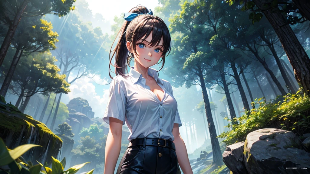 1girl, solo, dense forest, cave, trees, sun, clouds, fantasy, ponytail, big full breasts, ((opened blue leather jacket)), button down shirt, ((white shirt)), ((short sleeved shirt)), ((unbuttoned shirt)), unbuttoning buttons, cleavage 1:3, blue eyes, skirt, smile, looking at the viewer, standing, hair ribbon, golden necklate