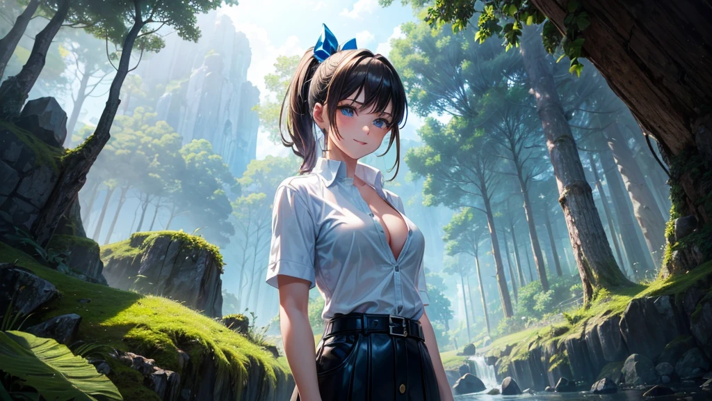 1girl, solo, dense forest, cave, trees, sun, clouds, fantasy, ponytail, big full , ((opened blue leather jacket)), button shirt, ((white shirt)), ((short sleeved shirt)), ((unbuttoned shirt)), unbuttoning buttons, clge 1:3, b, skirt, smile, looking at the viewer, standing, hair ribbon, golden necklate