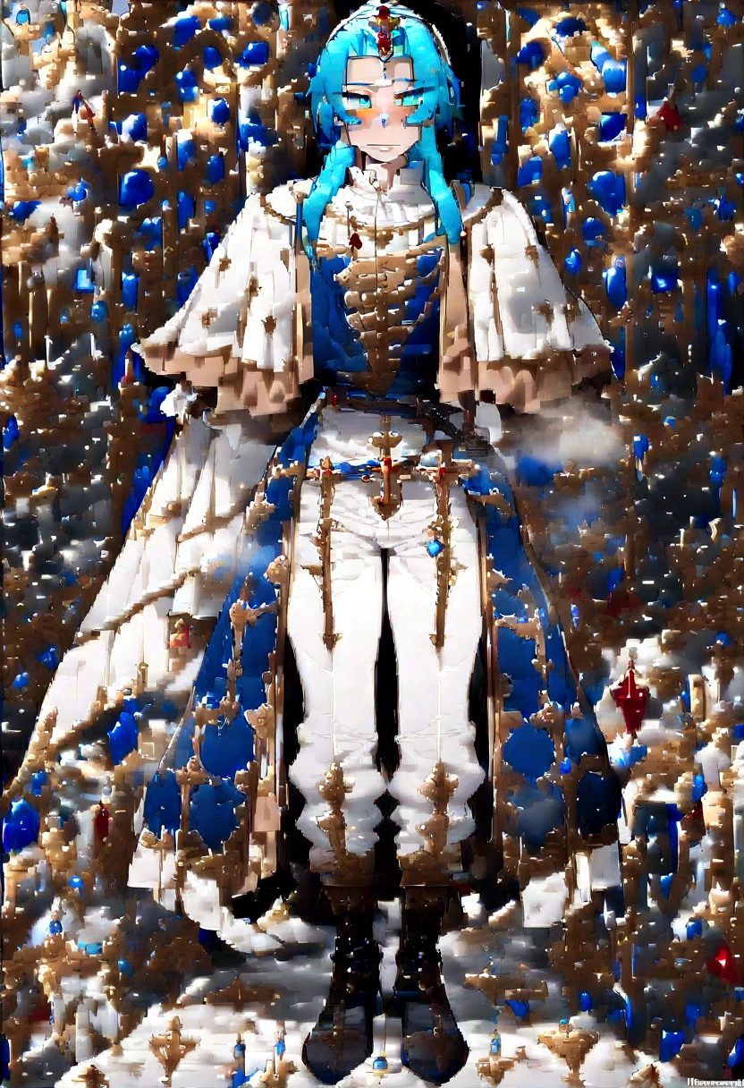 (masterpiece, Best quality, 32 thousand.), (((facing the viewer, full height))), ((full body)), ((age man)) with blue hair , ((Blue eyes)), ((medieval classic costume, Fantasy)), ( White pants )