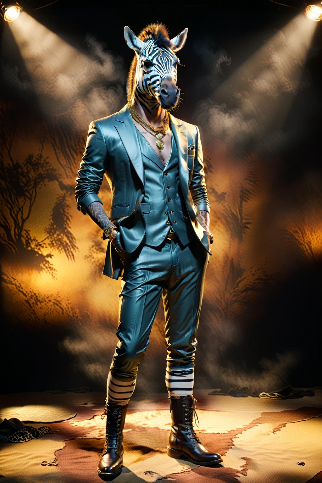 

So you can edit it later、Gold suit with space above head and sunglasses　smart、Anthropomorphic zebra wearing sunglasses。金色スーツのセットアップにサングラス
金色のスーツにサングラスのファッションでド派手な装飾した独特のポーズをする

The background is darkに怪しげな金色の煙、A mysterious golden light shines through it. The character is also illuminated and clearly visible. Create an image with this composition according to the following rules.。
 High resolution textures、Texture、Realなディテール、
The background is dark、Mysterious and、There is a good atmosphere、Dramatic lighting and high contrast images、Extremely high resolution to create photo-realistic card game patterns。
The design will be surrounded by a border、80 from the center of the space so that the character is not hidden%Please。
Use indirect lighting and textured backgroundake the central character stand out。
Full body portrait、Dynamic pose。
 にかくテクスチャがRealで細かいファッションの服。
Fashionable sneakers、boots、Sandals、hat、Smoke Accessories Necklace、Earrings、ring、bandana car、bike、Tattoos etc.、Choose according to your outfit and mood。
Real、8K




(masterpiece、Highest quality、high detail、超Real:1.2)、 
Anthropomorphic animals、Full body portrait

(Photorealistic:1.4), Cinematic lighting, 8K  UHD、 
Professional Photography、

(詳細な毛皮のTexture:1.3), Expressive eyes、 
Designer clothing、Luxury Brands、 
(Perfect tailoring:1.2), High Fashion Accessor
Moody atmosphere、Dramatic Shadows、 
High contrast lighting、Depth of written boundary、
Film Grain、Color Grading、

(Color Palette：1.3）、（Calm earth colors：1.2）、 
(Rich Brown：1.1）、（Deep Gray：1.1）、（subtle gold accents：1.0）、
(warm color：1.1）、（Color harmony：1.2）、

(Soft diffused lighting：1.2）、（Rim lighting：1.1）、
(Volumetric Lighting:1.0), (Ambient Occlusion:1.1)