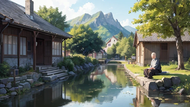 Draw a scene in a quiet village, with traditional houses in the background and leafy trees around. En el centro de la imagen, show a zen master sitting in a meditation position, wearing simple and traditional clothes, with a serene and welcoming expression. In front of you, a visitor (an ordinary person) is sitting in a posture of respect, listening carefully. The person must have an expression of curiosity and reflection. Add details that showcase the village's simplicity and natural beauty, like stone paths, flowers and vegetation around. The sunlight should be soft, indicating a moment of peace and tranquility.