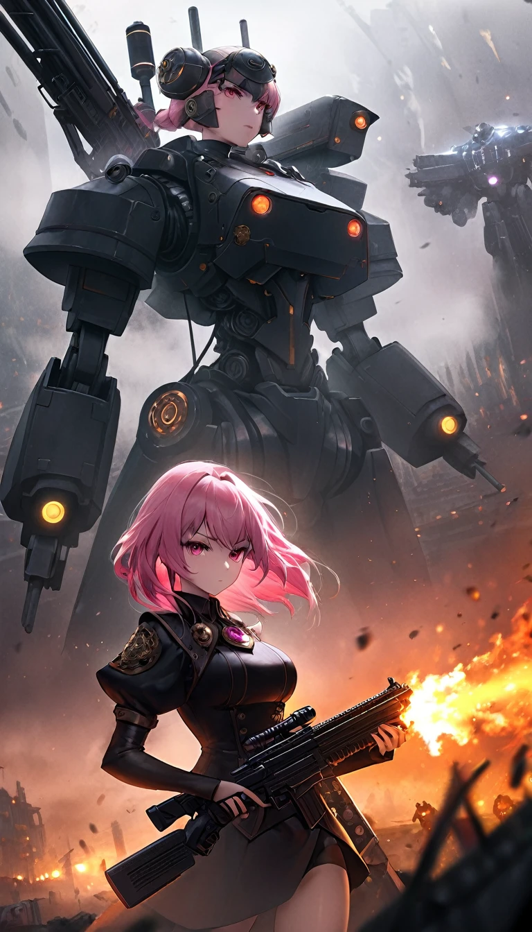 Sexy warrior girl with black steampunk armor, long pink hair, with a big futuristic shotgun, in a battle next to a robotic dragon, fierce battle, dense fog, fire chiaroscuro, sensual, dramatic lighting, moody atmosphere, photorealistic, intricate details, masterpiece, ultra-detailed, high quality, 8k, best quality, realistic, cinematic, dark and brooding, expressionistic, powerful composition, emotional impact, Bill Sienkiewicz inspired art
