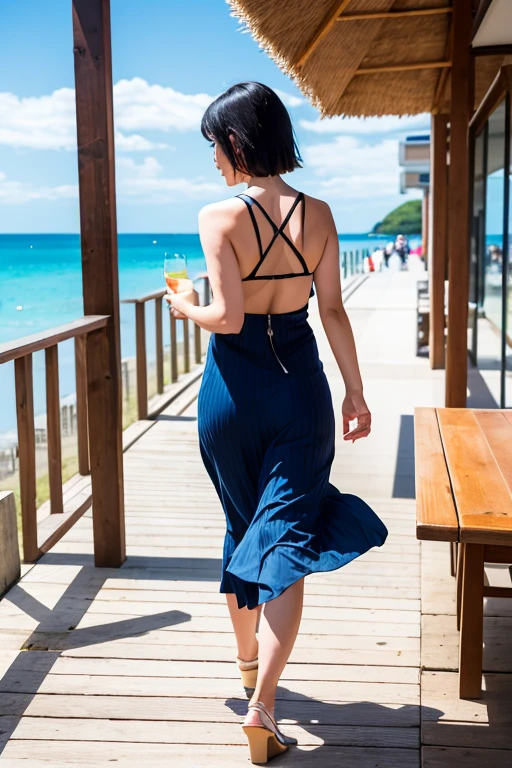 (High Definition), One women, Japan Person, Cute, Black hair long, Wearing Summer Dress White, exposing front zipper bra-top blue stripe, Walking on Board walk at Beach Side, looking side glance, show woman shape, from back view, a glass of drink on a table, Natural lighting