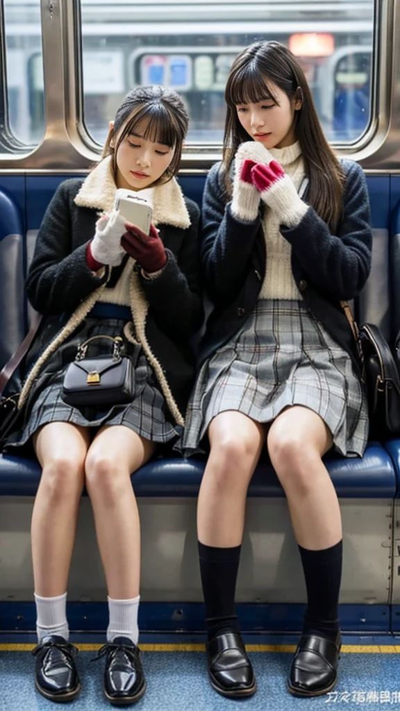 A photo of two mature Japanese high school girls wearing duffle coats with leather shoes and shiny black leather gloves,Inside the train,Voyeur,Heavy makeup face,Ultra-detailed face, Both of them are crossing their legs while looking at their smartphones..Smelly socks, Ultra Mini Skirt,LOL,School Bags,This photo was taken in daylight with soft lighting..、The girls are sitting on train seats.。. This photo was taken by someone on their cell phone..、Apparently it was posted on Snapchat.。. 