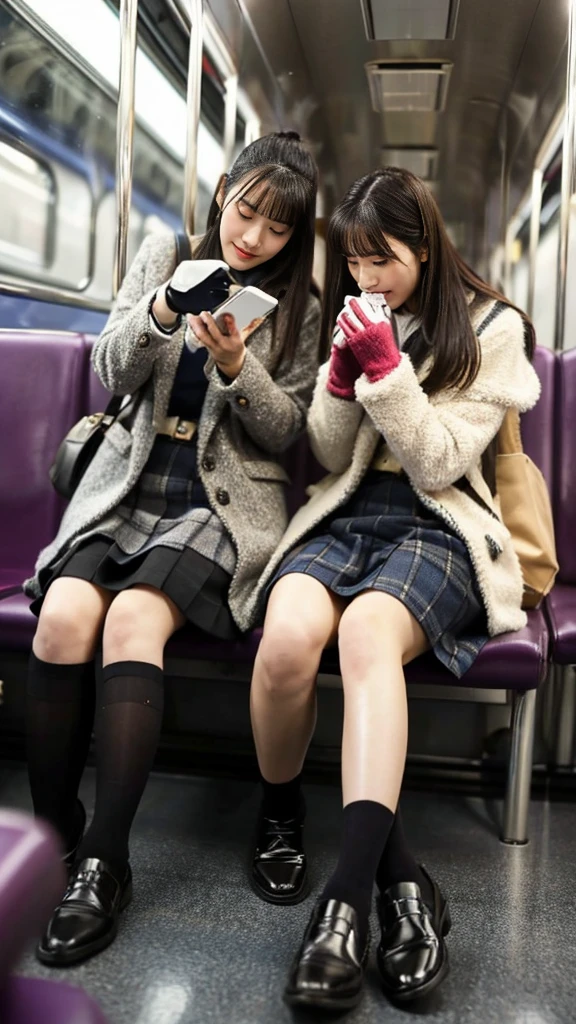 A photo of two mature Japanese high school girls wearing duffle coats with leather shoes and shiny black leather gloves,Inside the train,Voyeur,Heavy makeup face,Ultra-detailed face, Both of them are crossing their legs while looking at their smartphones..Smelly socks, Ultra Mini Skirt,LOL,School Bags,This photo was taken in daylight with soft lighting..、The girls are sitting on train seats.。. This photo was taken by someone on their cell phone..、Apparently it was posted on Snapchat.。.