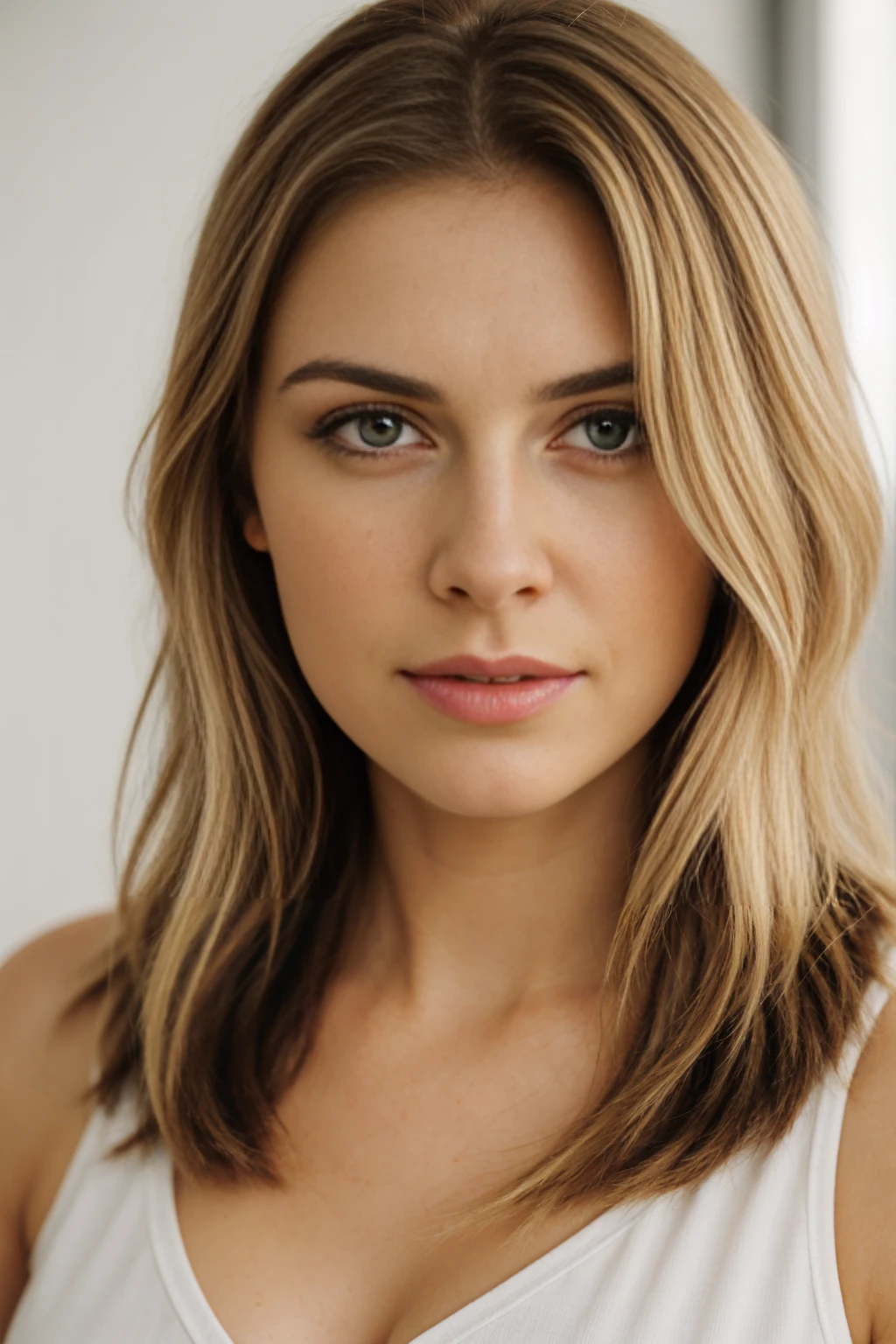 Portrait of a confident blonde girl with medium-length hair and hazel brown eyes 21 years old,cup-c breasts, The image should feature a bokeh background for depth, ensuring perfect composition. The style should be hyperrealistic, capturing super detailed, intricate elements in 8k resolution, delivering high quality and sharp focus. This close-up studio photo should align with trending art standards, particularly those popular on ArtStation, showcasing meticulous attention to detail and a striking, lifelike presence