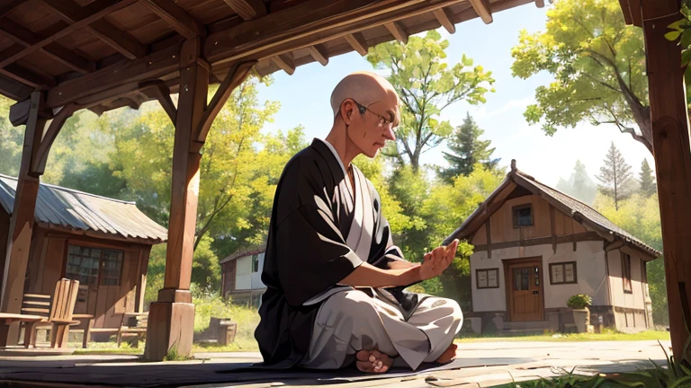 Draw a scene in a quiet village, with traditional houses in the background and leafy trees around. En el centro de la imagen, show a zen master sitting in a meditation position, wearing simple and traditional clothes, with a serene and welcoming expression. In front of you, a visitor (an ordinary person) is sitting in a posture of respect, listening carefully. The person must have an expression of curiosity and reflection. Add details that showcase the village's simplicity and natural beauty, like stone paths, flowers and vegetation around. The sunlight should be soft, indicating a moment of peace and tranquility.