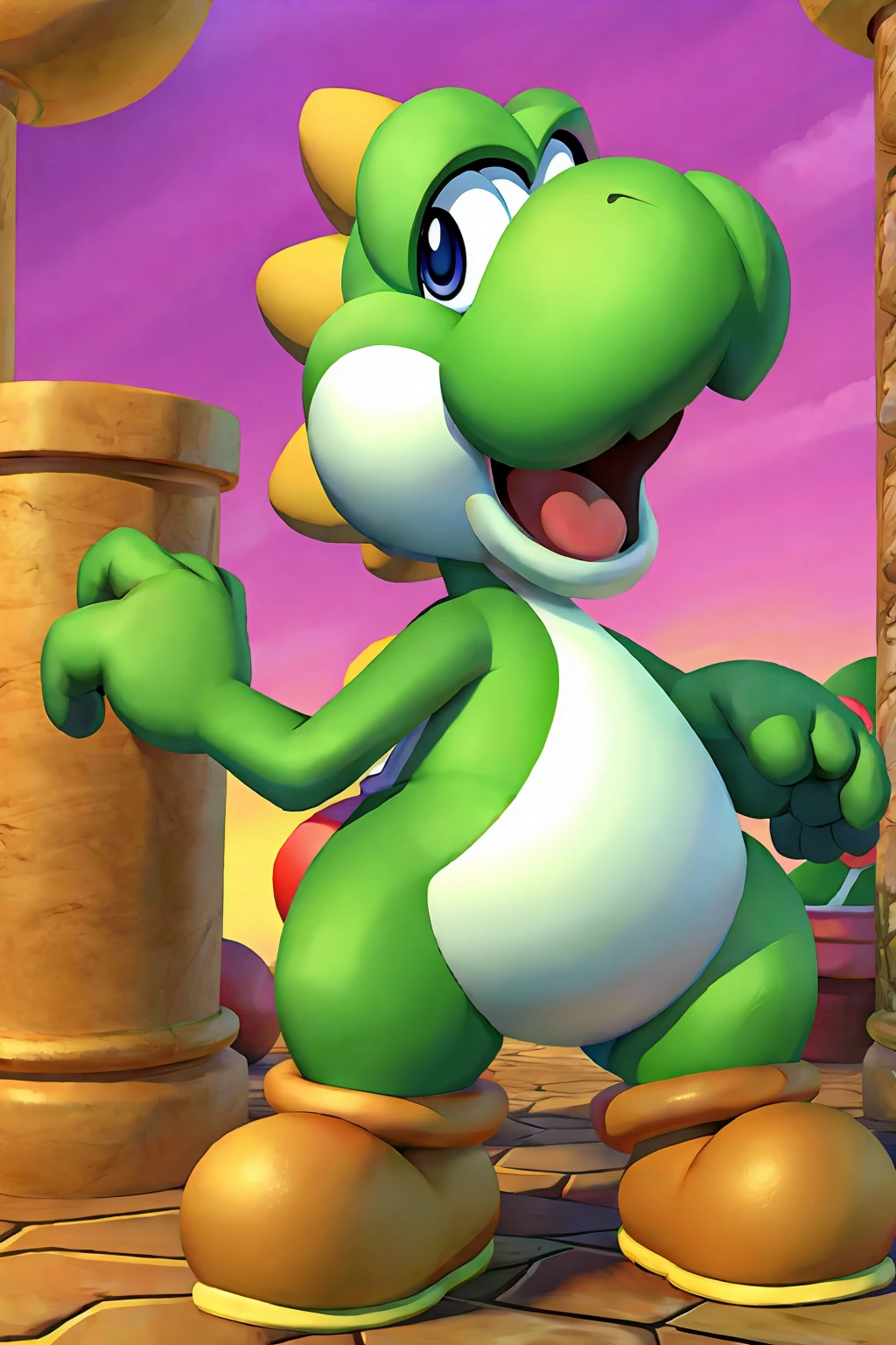 A green dinosaur, a character from Mario Bros, is happy
