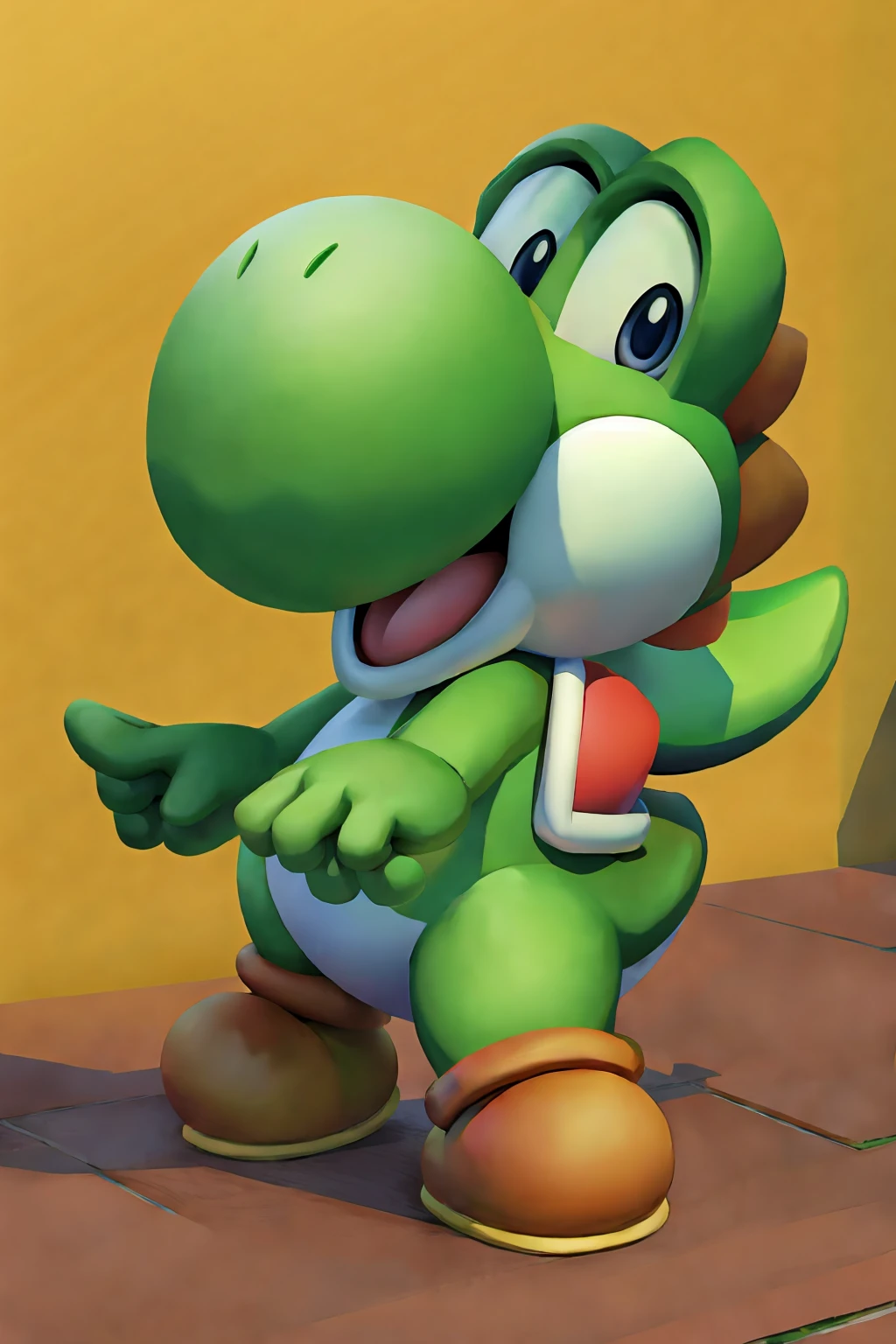 A green dinosaur, a character from Mario Bros, is happy