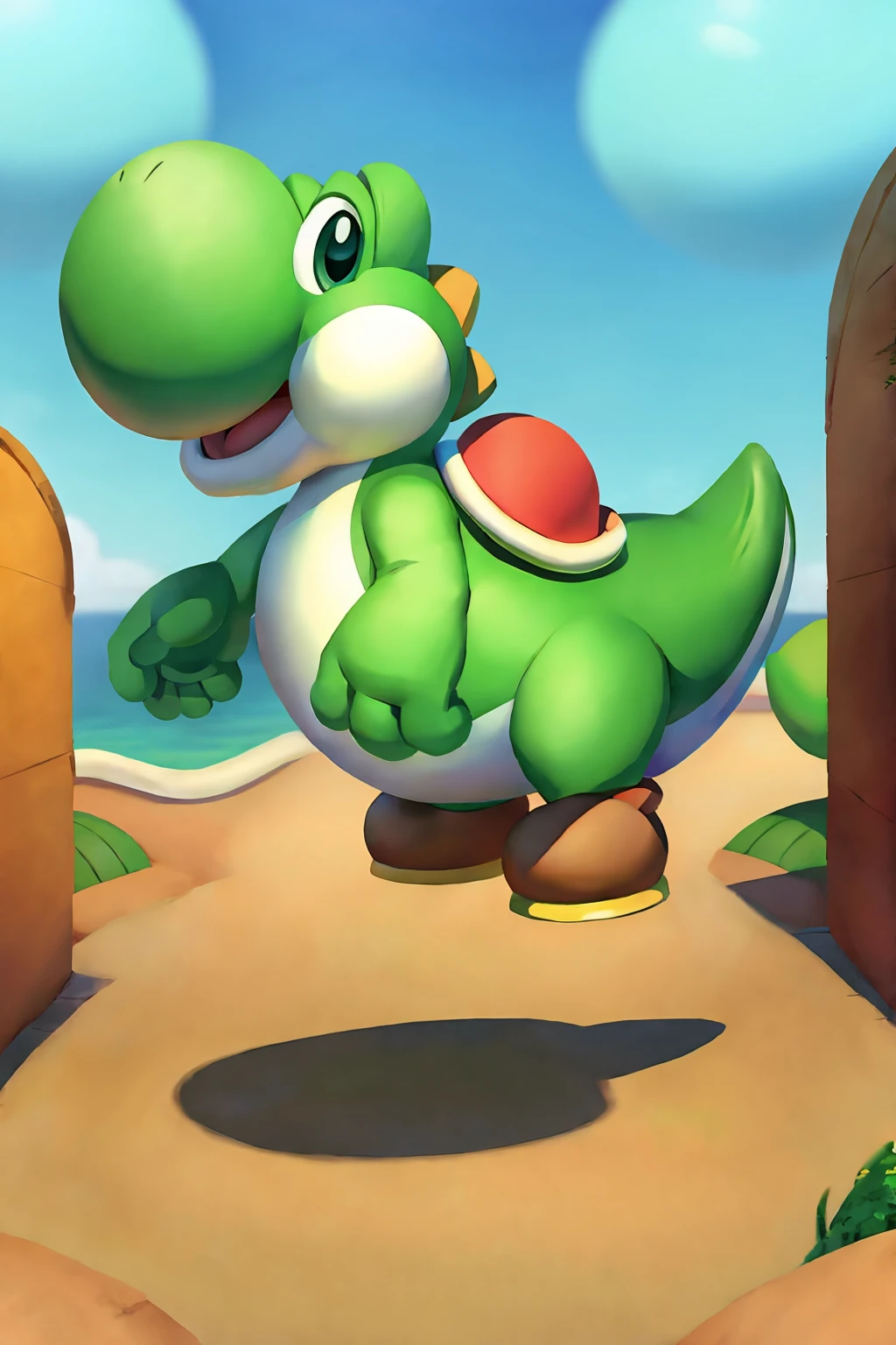 A green dinosaur, a character from Mario Bros, is happy
