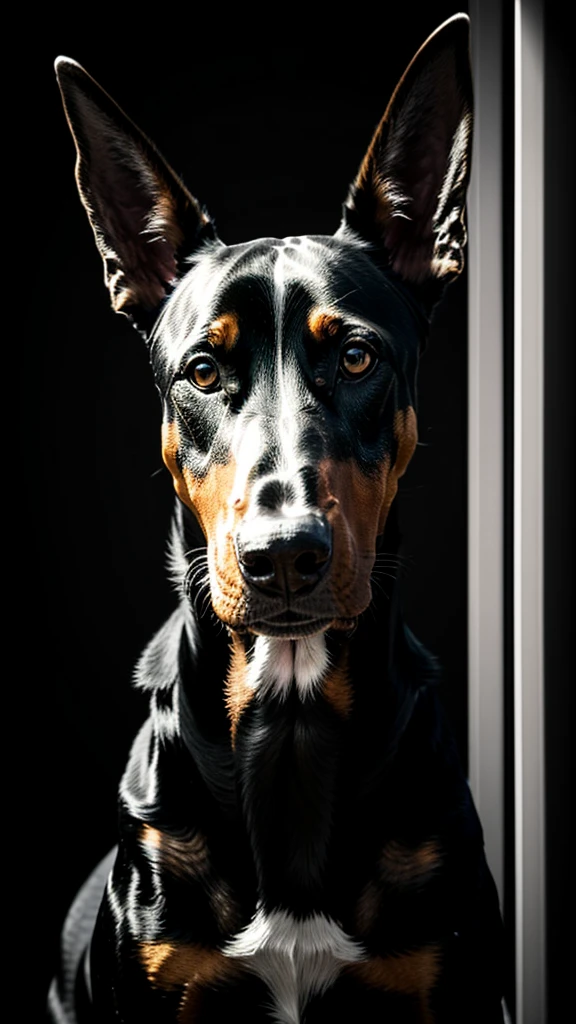 a black and white photo of A Doberman dog with a threatening appearance, holding a gun in his mouth in a dark room. The lighting is dim and there are deep shadows. The image is black and white and has high contrast., 32k, UHD, cinematic chromatic, cinematic lighting, global illumination, chromatic light, Photorealistic, ultra detailed, dreamlike illumination, dramatic, low-key lighting on a mysterious, Photorealistic , ultra photoreal , ultra detailed, intricate details.