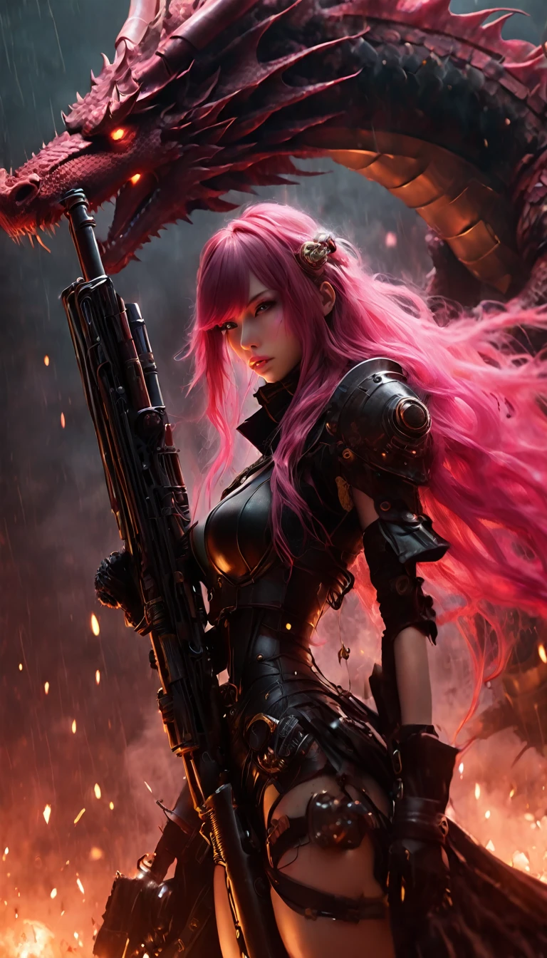 Sexy warrior girl with black steampunk armor, long pink hair, with a big futuristic shotgun, in a battle next to a robotic dragon, fierce battle, dense fog, fire chiaroscuro, sensual, dramatic lighting, moody atmosphere, photorealistic, intricate details, masterpiece, ultra-detailed, high quality, 8k, best quality, realistic, cinematic, dark and brooding, expressionistic, powerful composition, emotional impact, Bill Sienkiewicz inspired art