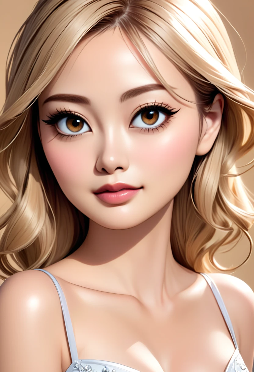 Tabletop, Highest quality, Realistic, Very detailed, finely, High resolution, 8k wallpaper, One beautiful woman,Thin face, Gorgeous light golden hair, Wearing a dress, Brown eyes、Sharp focus, Perfect dynamic composition, Beautiful and detailed, Thin Hair, double eyelid、Perfect Makeup、eye shadow、Eyeliner、False eyelashes、Glossy Lips、Detailed Realistic skin texture, smile, Close-up photo with focus on face, Model Body Type,Cleavage
