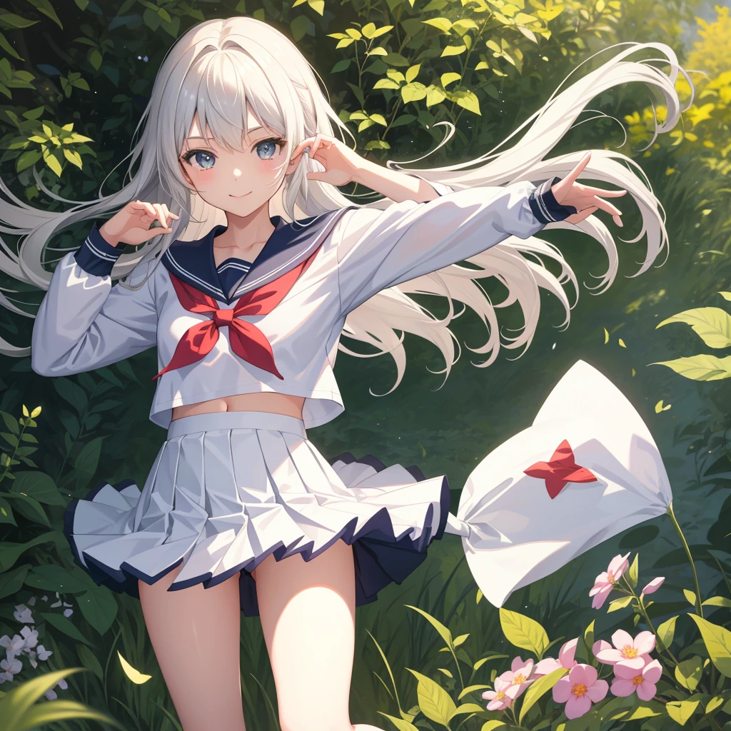 1 girl、as adult、smile、white underwear、pretty girl、(small breasts)、high school student、uniform、Serafuku、、Portrait from the crotch up、skirt、Wind、squat、