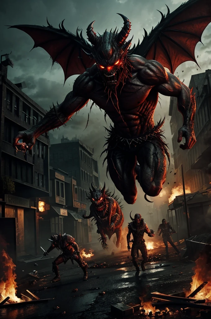 Create an image illustrating the rapid spread of the Demonite Virus across different regions, with infected individuals transforming into demons.