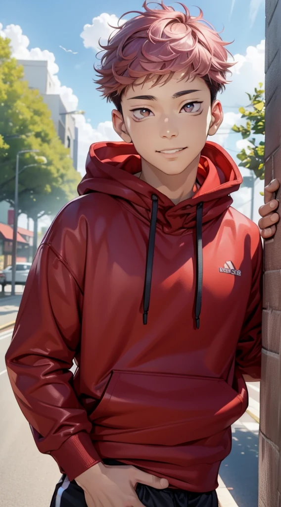 (masterpiece, best quality:1.2), (hyperdetailed face), (Super well-formed face), close up, face focus, solo, male focus, 1boy, itadori yuuji, 15-years-old, pink hair, undercut, brown eyes, beautiful pupils, beautiful detailed eyes, smiling, white teeth, red hoodie, long sleeves, black pants, looking at viewer, beautiful blue sky, summer sky