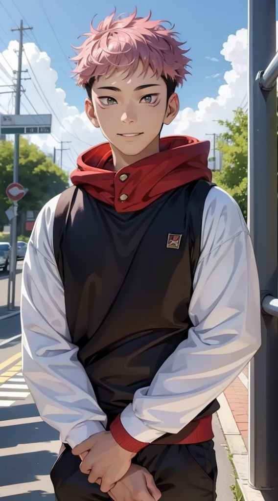 (masterpiece, best quality:1.2), (hyperdetailed face), (Super well-formed face), close up, face focus, solo, male focus, 1boy, itadori yuuji, -yeld, pihair, undercut, brown eyes, beautiful pupils, beautiful detailed eyes, smiling, white teeth, red hoodie, long sleeves, black pants, looking at viewer, beautiful blue sky, summer sky