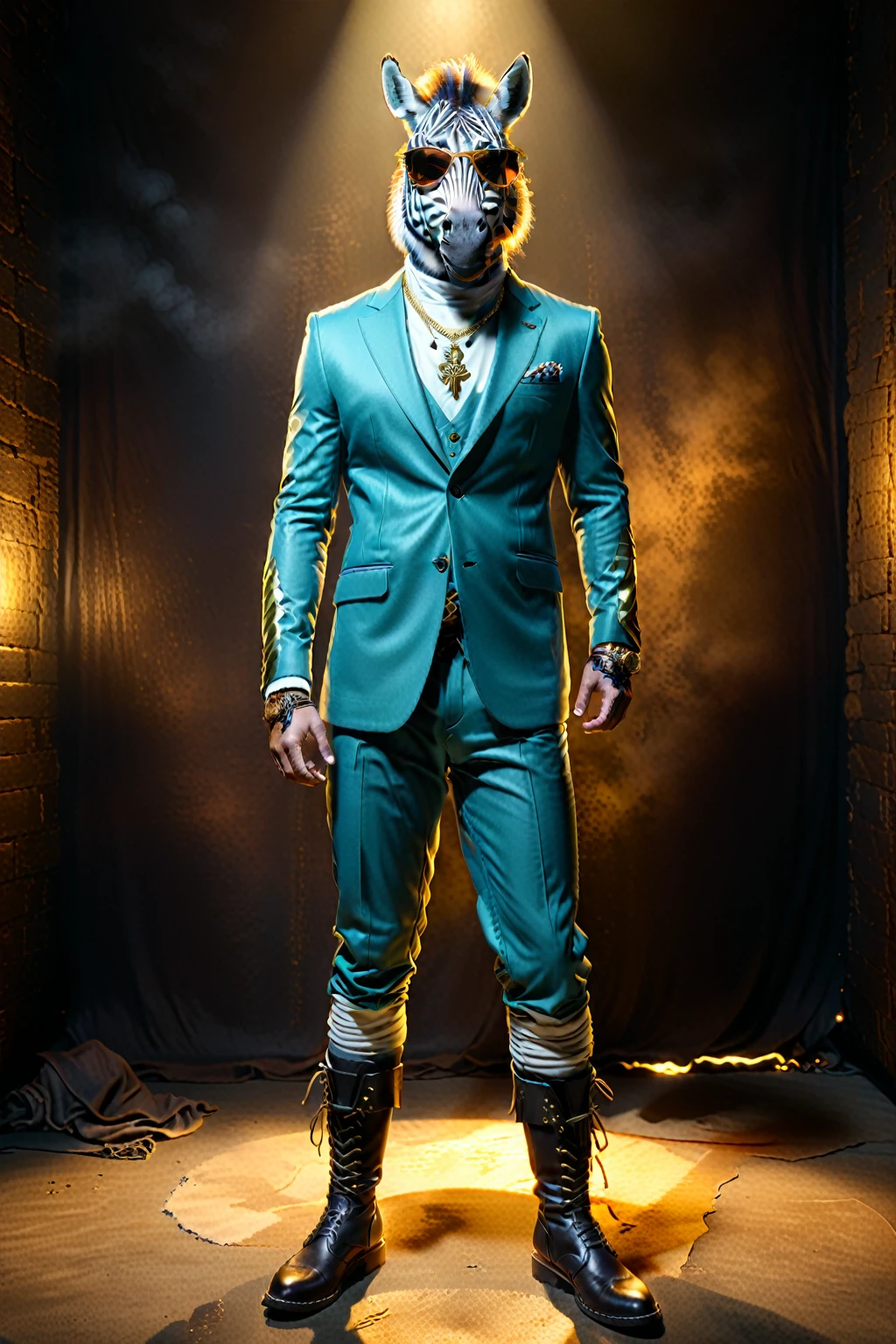 

So you can edit it later、Gold suit with space above head and sunglasses　smart、Anthropomorphic zebra wearing sunglasses。金色スーツのセットアップにサングラス
金色のスーツにサングラスのファッションでド派手な装飾した独特のポーズをする

The background is darkに怪しげな金色の煙、A mysterious golden light shines through it. The character is also illuminated and clearly visible. Create an image with this composition according to the following rules.。
 High resolution textures、Texture、Realなディテール、
The background is dark、Mysterious and、There is a good atmosphere、Dramatic lighting and high contrast images、Extremely high resolution to create photo-realistic card game patterns。
The design will be surrounded by a border、80 from the center of the space so that the character is not hidden%Please。
Use indirect lighting and textured backgroundake the central character stand out。
Full body portrait、Dynamic pose。
 にかくテクスチャがRealで細かいファッションの服。
Fashionable sneakers、boots、Sandals、hat、Smoke Accessories Necklace、Earrings、ring、bandana car、bike、Tattoos etc.、Choose according to your outfit and mood。
Real、8K




(masterpiece、Highest quality、high detail、超Real:1.2)、 
Anthropomorphic animals、Full body portrait

(Photorealistic:1.4), Cinematic lighting, 8K  UHD、 
Professional Photography、

(詳細な毛皮のTexture:1.3), Expressive eyes、 
Designer clothing、Luxury Brands、 
(Perfect tailoring:1.2), High Fashion Accessor
Moody atmosphere、Dramatic Shadows、 
High contrast lighting、Depth of written boundary、
Film Grain、Color Grading、

(Color Palette：1.3）、（Calm earth colors：1.2）、 
(Rich Brown：1.1）、（Deep Gray：1.1）、（subtle gold accents：1.0）、
(warm color：1.1）、（Color harmony：1.2）、

(Soft diffused lighting：1.2）、（Rim lighting：1.1）、
(Volumetric Lighting:1.0), (Ambient Occlusion:1.1)