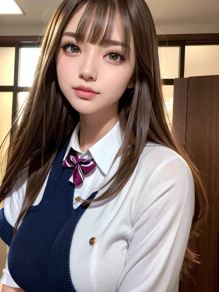 8k,best quality, masterpiece, ultra detailed, ultra high res, photorealistic, raw photo, absurdres, absolutely resolution, 1girl, full body, looking at viewer,a Japanese young pretty woman, hyper cute face, glamorous figure, large breasts,long bob hair,smile,(school uniform:1.3),beautiful eyes, ,windy, ,glossy lips, double eyelids in both eyes, natural makeup, long eyelashes, shiny smooth light brown long bob hair, asymmetrical bangs, shiny skin, central image, high resolution, high detailing, detailed hairstyle, detailed face, spectacular movie lighting, octane rendering, vibrant, hyper realistic, perfect limbs, perfect anatomy、アフタースクール