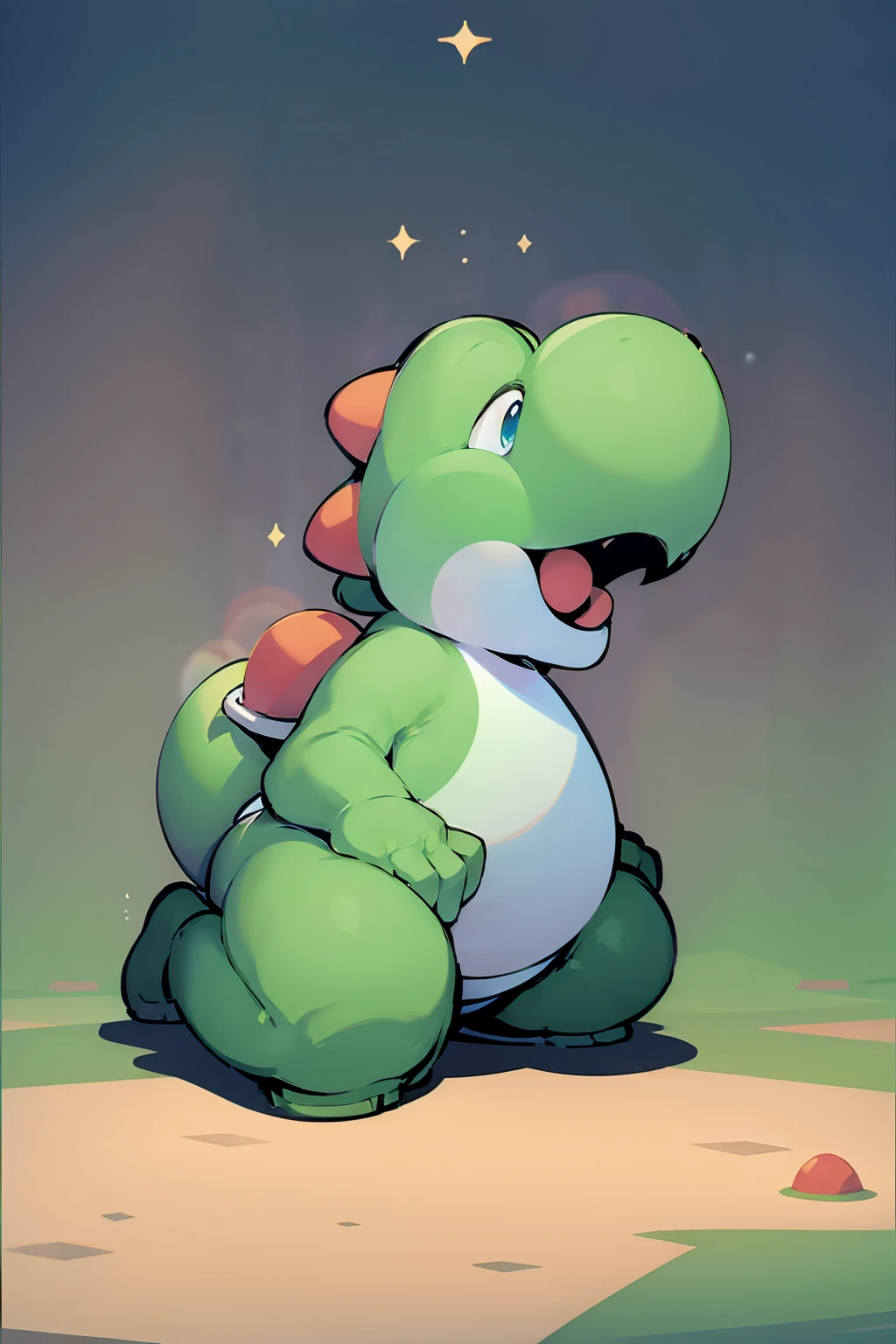 A green dinosaur, a character from Mario Bros, is happy
