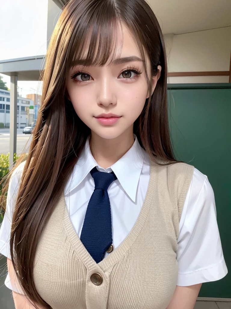 8k,best quality, masterpiece, ultra detailed, ultra high res, photorealistic, raw photo, absurdres, absolutely resolution, 1girl, full body, looking at viewer,a Japanese young pretty woman, hyper cute face, glamorous figure, large breasts,long bob hair,smile,(school uniform:1.3),beautiful eyes, ,windy, ,glossy lips, double eyelids in both eyes, natural makeup, long eyelashes, shiny smooth light brown long bob hair, asymmetrical bangs, shiny skin, central image, high resolution, high detailing, detailed hairstyle, detailed face, spectacular movie lighting, octane rendering, vibrant, hyper realistic, perfect limbs, perfect anatomy、アフタースクール