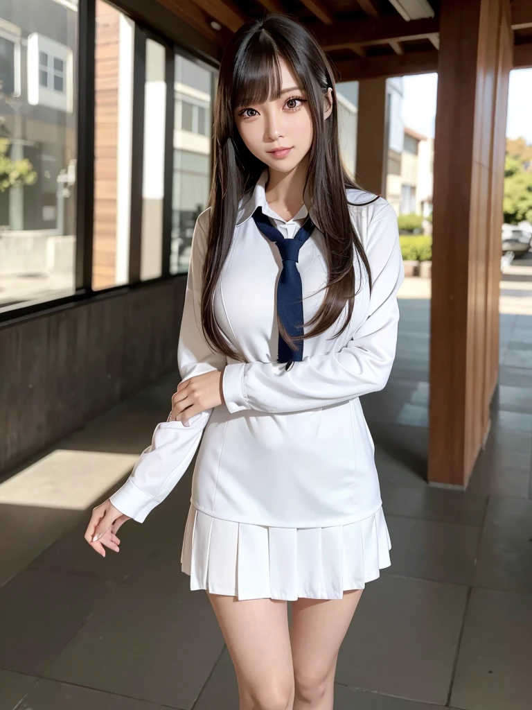 8k,best quality, masterpiece, ultra detailed, ultra high res, photorealistic, raw photo, absurdres, absolutely resolution, 1girl, full body, looking at viewer,a Japanese young pretty woman, hyper cute face, glamorous figure, large breasts,long bob hair,smile,(school uniform:1.3),beautiful eyes, ,windy, ,glossy lips, double eyelids in both eyes, natural makeup, long eyelashes, shiny smooth light brown long bob hair, asymmetrical bangs, shiny skin, central image, high resolution, high detailing, detailed hairstyle, detailed face, spectacular movie lighting, octane rendering, vibrant, hyper realistic, perfect limbs, perfect anatomy、アフタースクール