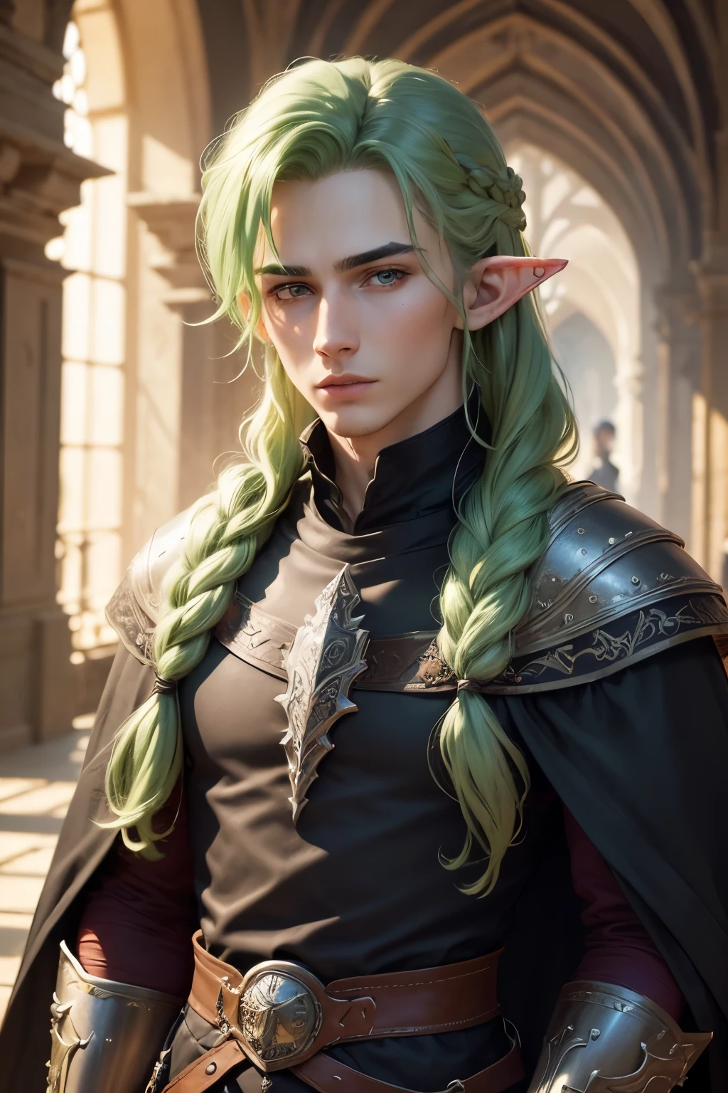 ((best quality)), ((masterpiece)), (detailed), Prize-winning works, with incredible details, maximum textures and details, uhd ,8K,super resolution ,depth of field, retina, masterpiece, anatomically correct, textured skin, super detail, high details, highres ,1 Male Elf Medieval Fantasy RPG Adventurer,hair braid,very long light green hair ,similar to the work of JRR Tolkien,black long cape ,lightweight armour,fully body, hyper-detailed piercing eyes , (25 year old young man :1.1,detailedeyes, face detailed, whole body:1.1,the background is a magnificent castle ),(best qualityer:1.2,ultra detali:1.1,realisitic:1.37) ,eyeshadows,sharp focus,swirly vibrant colors,)