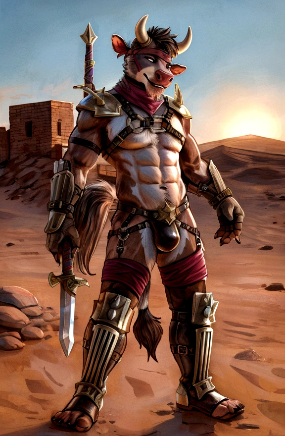 Sexy furry young anthro bovine male, gay, kinky, muscular model male apperance, sexy furry warior, headband shagy shag hairs, worn out skimpy leather armament, low on hips leather belt with worn out skimpy brown leather jockstrap, leather heavy harness armor, leather bondages, leather anthro feet boots, fingerless leather gloves, blooded curved sword in hand, dirty playfull smile, desert battlefield, standing in sexy fighting position, close view of full character
