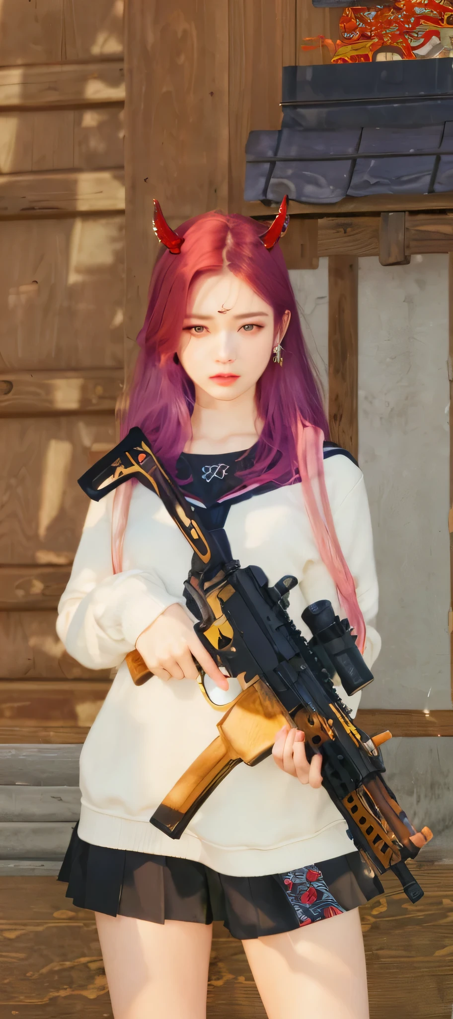 there is a woman with a gun and a devil's horns, m4 sopmod ii girls frontline, with rifle, realistic weapon, realistic artstyle, with pistol, in game, realistic weapons, realistic anime 3 d style, realism artstyle, anime style. 8k, kanliu666, soldier girl