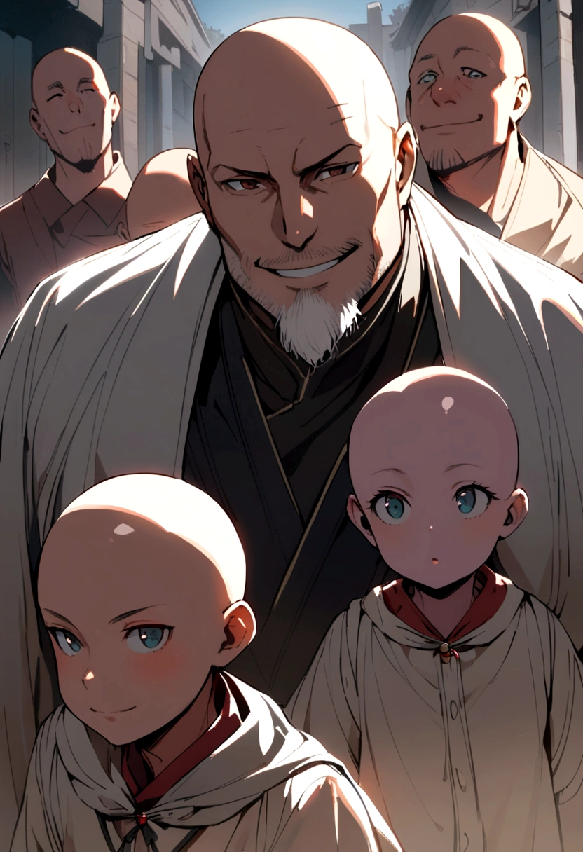 a bald adult with a short beard smiling, and behind him several children