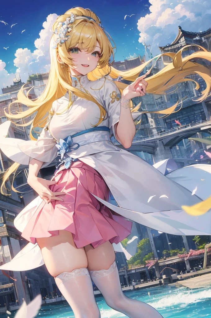 Official Art, masterpiece, Be focused, (beautiful, Beautiful and cute Korean woman:1.3), (Beautiful and cute Korean:1.3), Korean beauty, 精致beautiful头发、Eyes and face, Practical, Very detailed, beautiful女孩, Blue sky, Glowing white particles, (Side Light:1.2), Sunlight, White Cloud, Detailed clouds, Slim, Such a cute big ass, Smile with teeth bared, ((Smile with your eyes, Open your eyes)), landscape, Long and straight hair, Sexy facial expressions, architecture, (城市landscape:1.7), Dynamic Hair, very Long and straight hair, Delicate blonde hair, Green Eyes, Pink skirt, Black socks, Pale skin, Hair accessories, epic landscape,,Black high heels,Nice ass,beautiful buttocks,There'There's nothing under the skirt..,weight loss