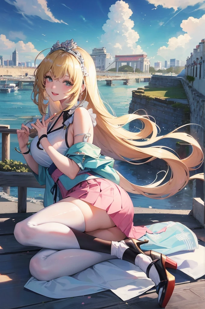 Official Art, masterpiece, Clear focus, (beautiful, Beautiful and cute Korean woman:1.3), (Beautiful and cute Korean:1.3), Korean beauty, Exquisite beautiful hair、Eyes and face, current, Super detailed, beautiful girl, Blue sky, Glowing white particles, (Side Light:1.2), Sunlight, White Cloud, Detailed clouds, Slim, Such a cute big ass, Smile with teeth bared, ((Smile with your eyes, Open your eyes)), landscape, Long straight hair, sexy facial expression, architecture, (city View:1.7), Dynamic Hair, very Long straight hair, Delicate blonde hair, Green Eyes, Pink skirt, Black socks, Pale skin, Hair accessories, epic landscape,,Black high heels,Nice ass,beautiful buttocks,There's nothing under the skirt.,weight loss