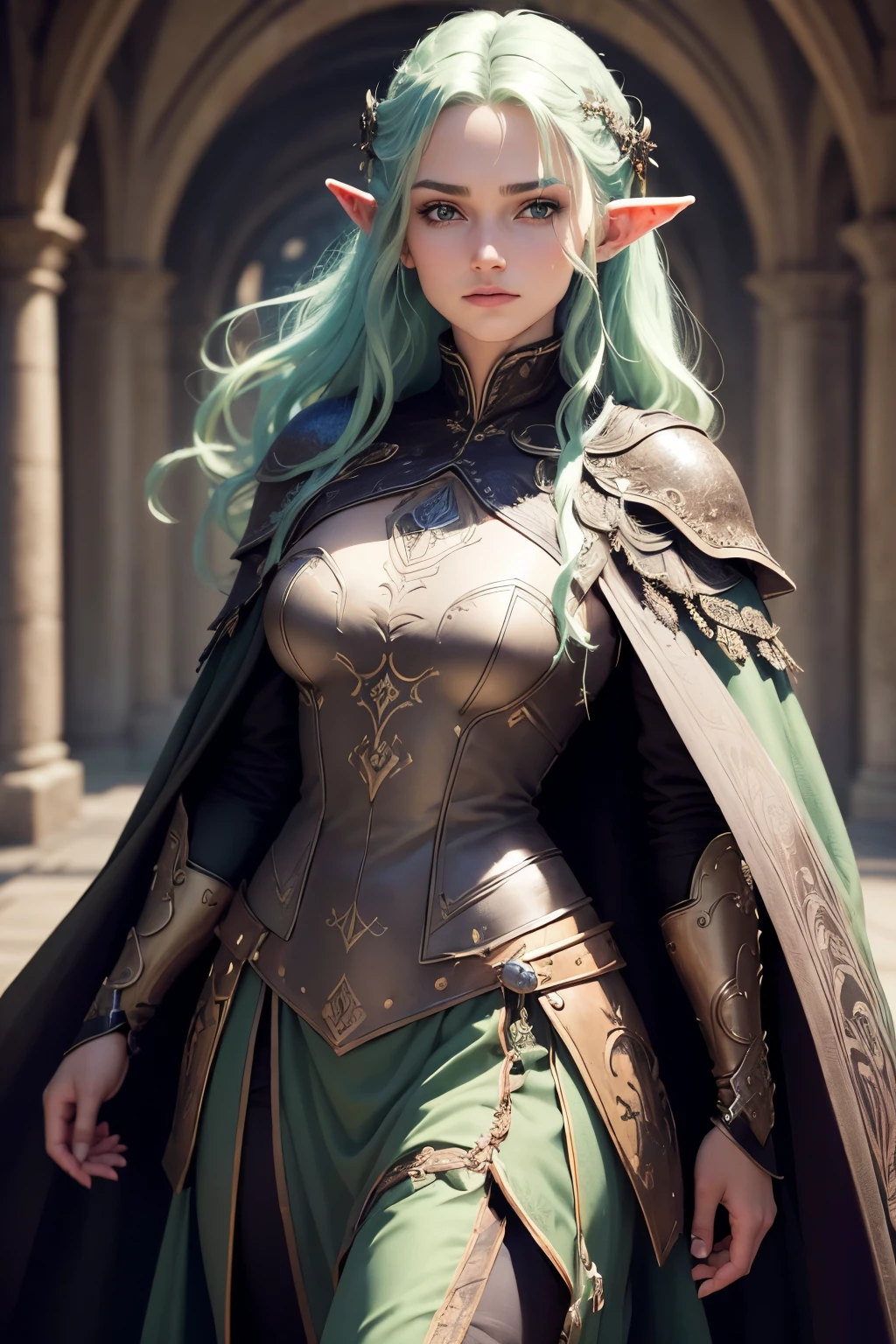 ((best quality)), ((masterpiece)), (detailed), Prize-winning works, with incredible details, maximum textures and details, uhd ,8K,super resolution ,depth of field, retina, masterpiece, anatomically correct, textured skin, super detail, high details, highres ,1 Male Elf Medieval Fantasy RPG Adventurer,hair in the wind,very long light green hair ,similar to the work of JRR Tolkien,black long cape ,lightweight armour,fully body, hyper-detailed piercing eyes , (25 year old young man :1.1,detailedeyes, face detailed, whole body:1.1,the background is a magnificent castle ),(best qualityer:1.2,ultra detali:1.1,realisitic:1.37) ,eyeshadows,sharp focus,swirly vibrant colors,)