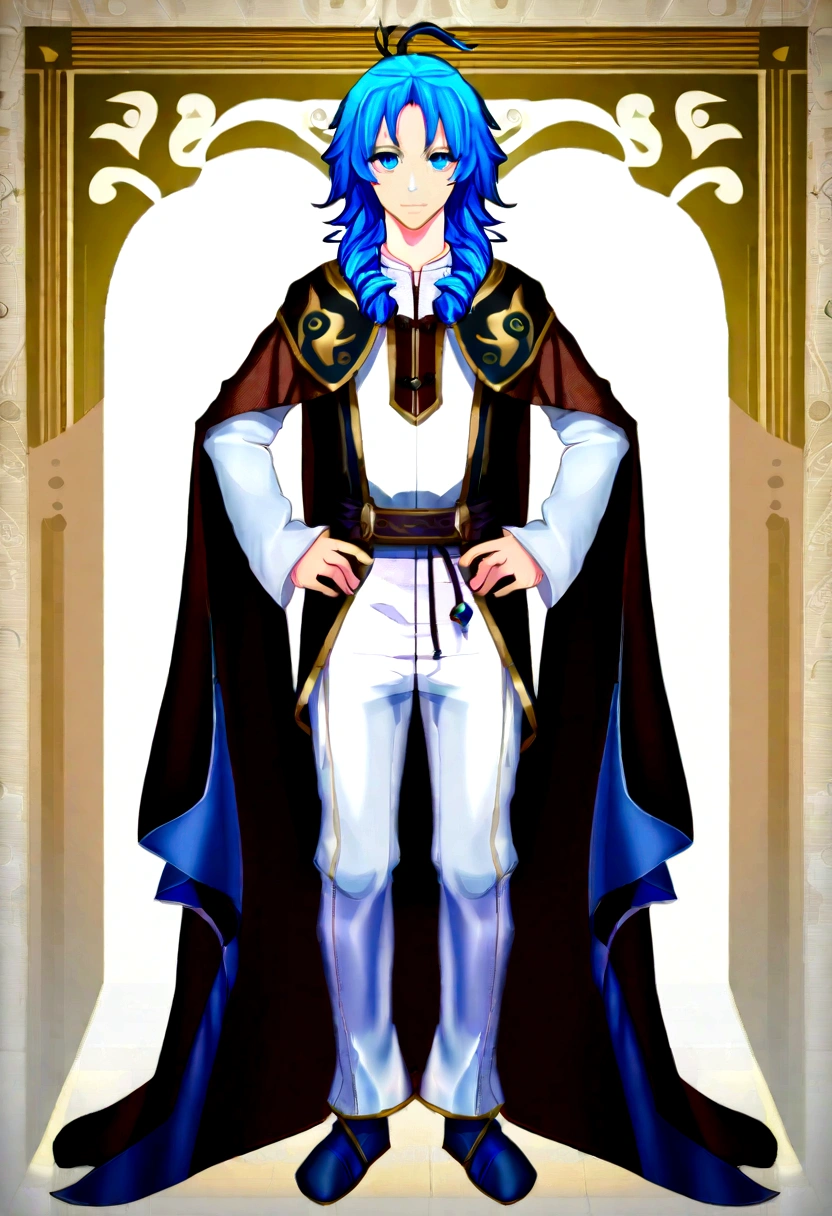 (masterpiece, Best quality, 32 thousand.), (((facing the viewer, full height))), ((full body)), ((age man)) with blue hair , ((Blue eyes)), ((medieval classic costume, Fantasy)), ( White pants )