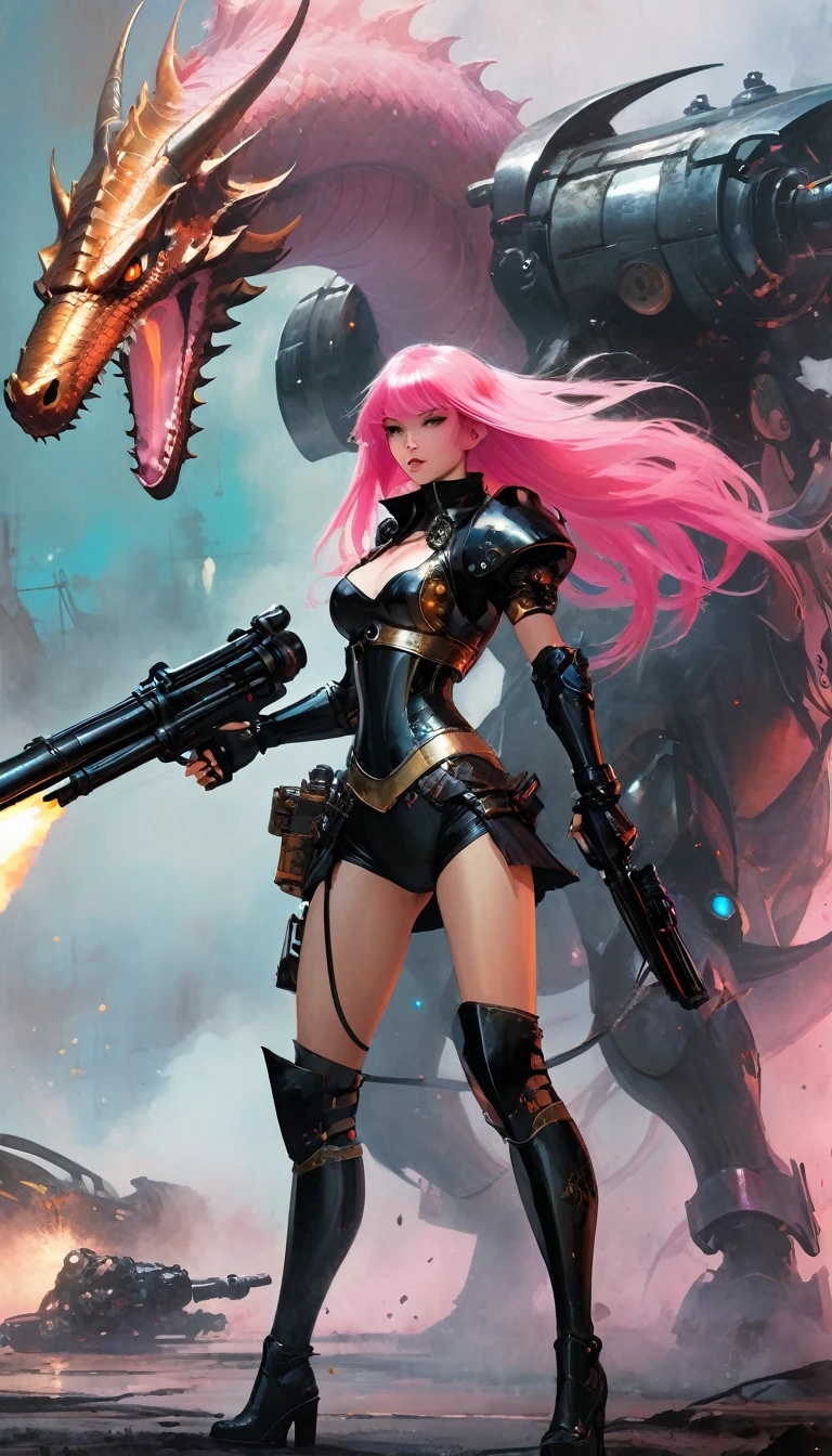 Sexy warrior girl with black steampunk armor, long pink hair, with a big futuristic shotgun, in a battle next to a robotic dragon, fierce battle, dense fog, fire, (simple oil painting in a style to Bill Sienkiewicz)