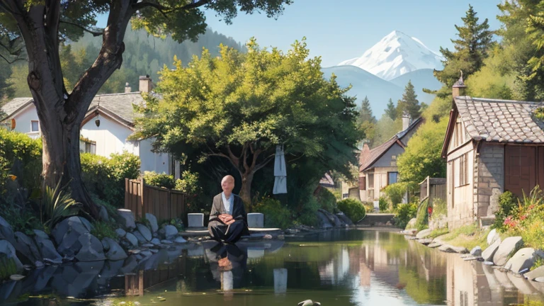 Draw a scene in a quiet village, with traditional houses in the background and leafy trees around. En el centro de la imagen, show a zen master sitting in a meditation position, wearing simple and traditional clothes, with a serene and welcoming expression. In front of you, an an ordinary person is sitting in a posture of respect, listening carefully. The person must have an expression of curiosity and reflection. Add details that showcase the village&#39;s simplicity and natural beauty, like stone paths, flowers and vegetation around. The sunlight should be soft, indicating a moment of peace and tranquility.