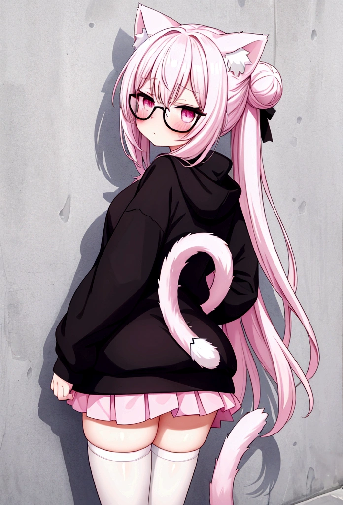I have white pink hair, cat ears, a bun, my face is super blushing, black glasses, pink heart eyes, a big pink sweatshirt, a black skirt, black stockings, white shoes, a cat's tail, a girl. very shy that she is glued to a wall with her butt