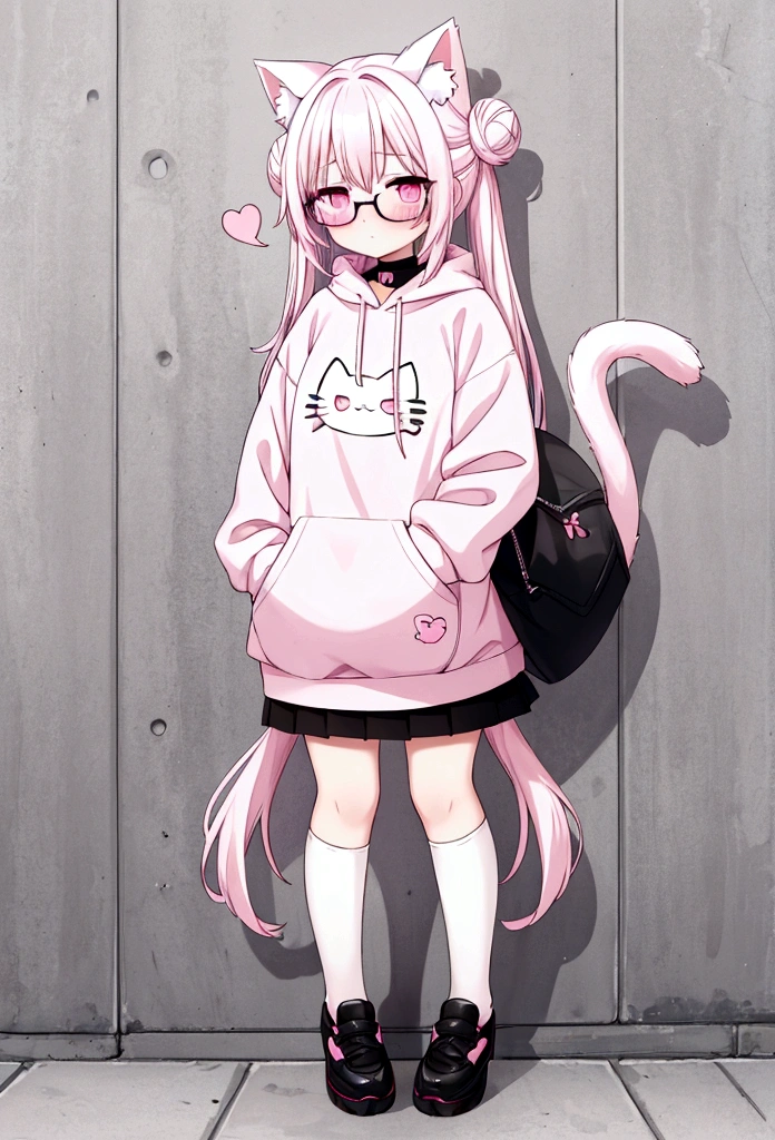 I have white pink hair, cat ears, a bun, my face is super blushing, black glasses, pink heart eyes, a big pink sweatshirt, a black skirt, black stockings, white shoes, a cat's tail, a girl. very shy that she is glued to a wall with her butt