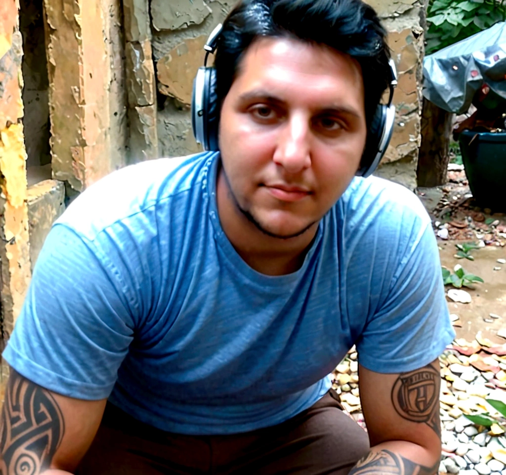 A young man is playing an acoustic guitar in a room that looks unkempt and messy, he wears big headphones in his ears, has short hair, ((big body, stocky, muscular)), and has tattoos on his arms.