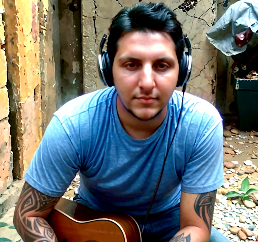 A young man is playing an acoustic guitar in a room that looks unkempt and messy, he wears big headphones in his ears, has short hair, ((big body, stocky, muscular)), and has tattoos on his arms.