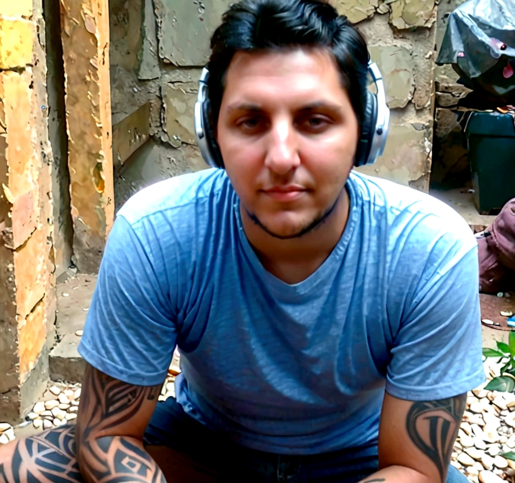 A young man is playing an acoustic guitar in a room that looks unkempt and messy, he wears big headphones in his ears, has short hair, ((big body, stocky, muscular)), and has tattoos on his arms.