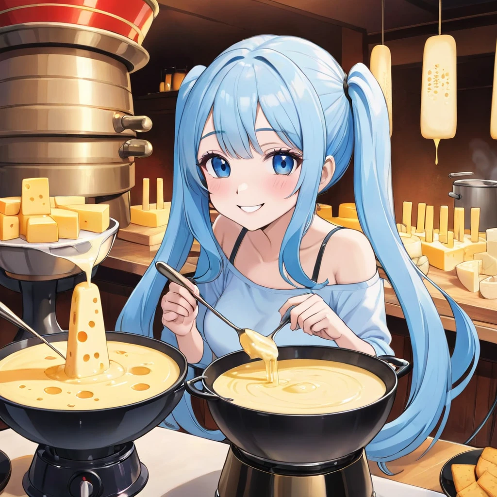 Light blue long hair、Beautiful girl with twin tails、Enjoying a large cheese fondue tower、Bright smile