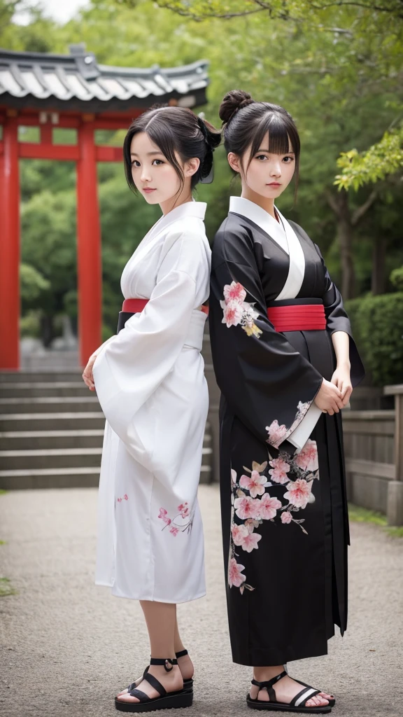 ((masterpiece,Highest quality)),Two Girls, black kimono, Black legwear, black ribbon, Black Hair, cherry blossoms, Day, flower, Hair Bun, hair ribbon, kimono, kimono, Long Hair, View your viewers, Recall , Multiple Girls, belt, Outdoor, Red eyes, Redhead, ribbon, Sandals, Single Pan, stage, Are standing, picture, torii, wood, white kimono, Yellow Eyes
